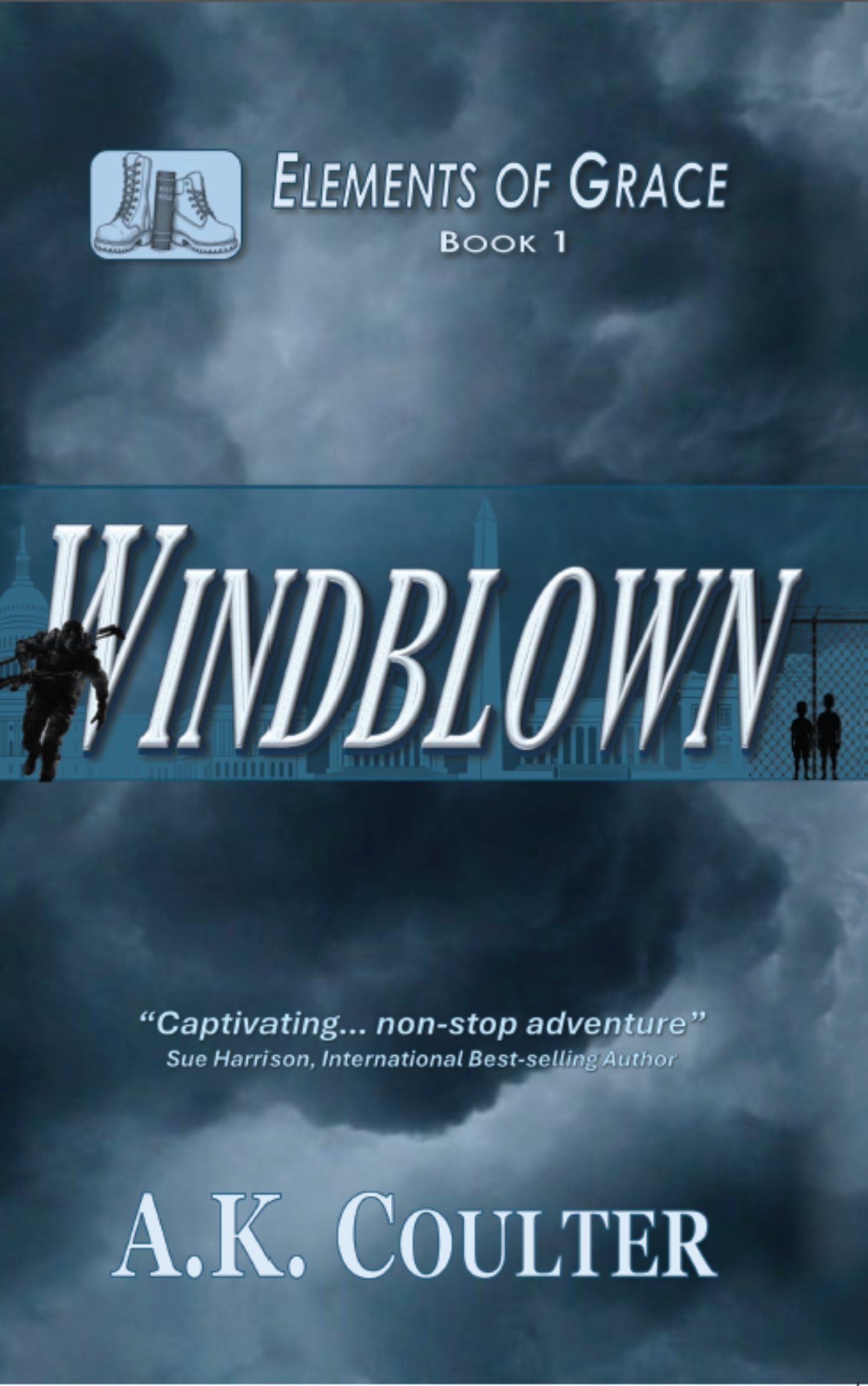 Book cover of Windblown by A.K. Coulter, Elements of Grace Series Book 1, featuring stormy skies, silhouettes, and Washington D.C. landmarks